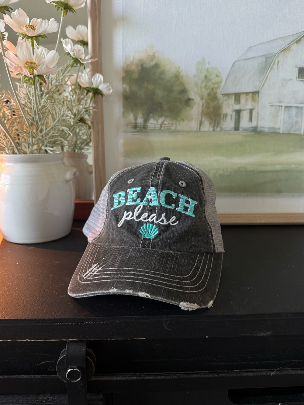 Beach Please Distressed Trucker Hat - Charcoal with Teal Embroidery